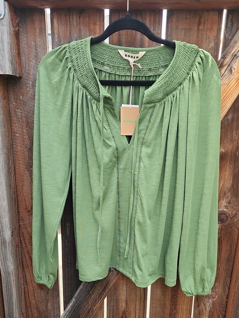 New Boden Green Smocked Yoke Peasant Top, Sz. 8